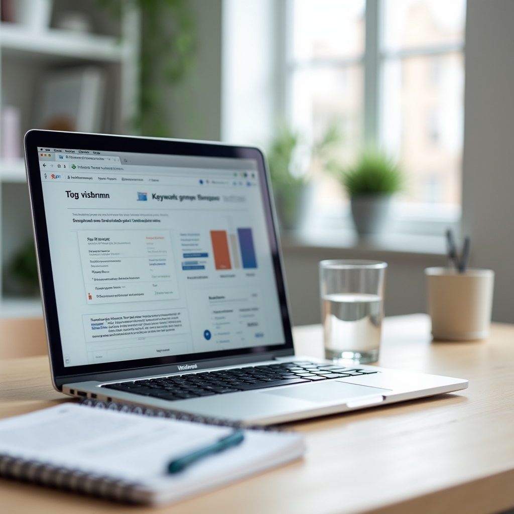 Notatki i laptop z kursem SEO dla twórców treści